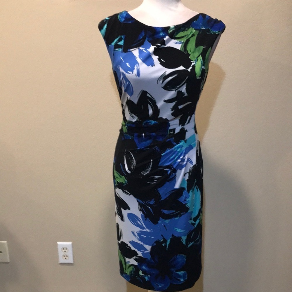 Lauren Ralph Lauren Blue Floral LinedSleeveless Dress with Ruching at Waist-4